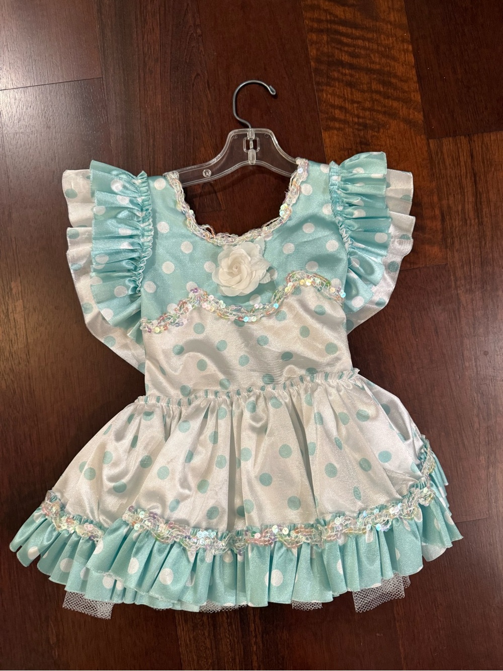 Mint Polka Dot Ruffle Kids Dance Costume Dress